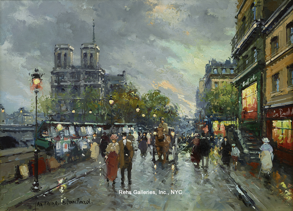 Oil painting of Notre Dame, city street in the rain