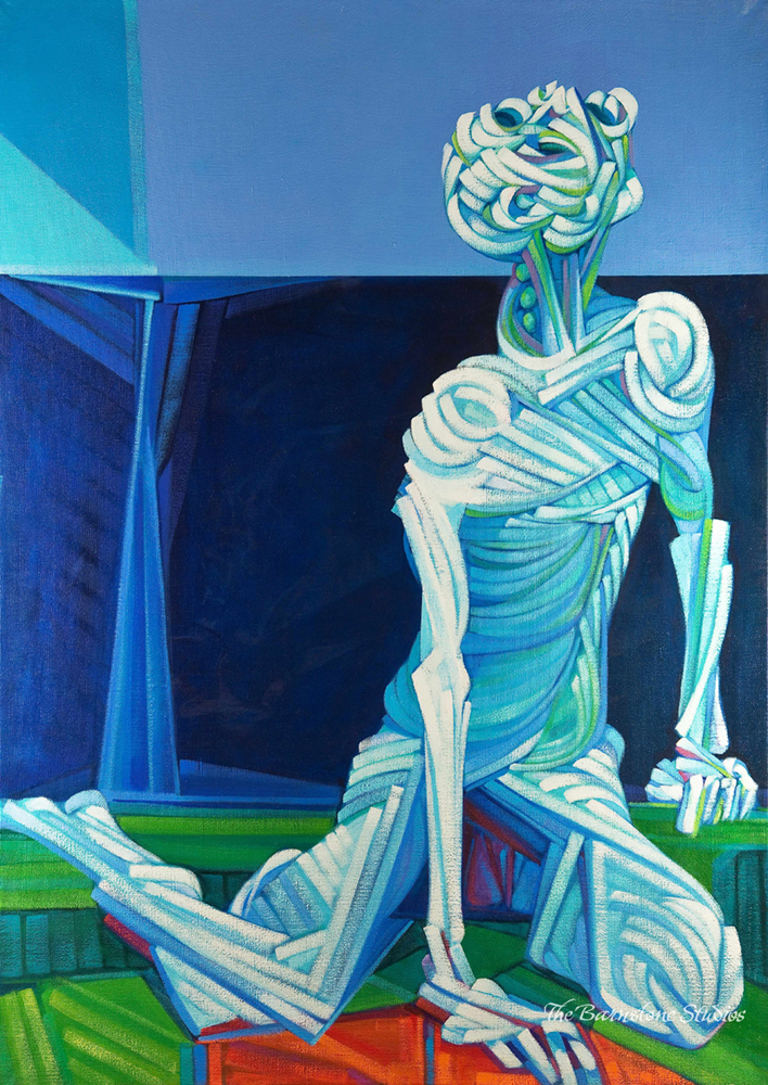 Oil painting of skeletal man