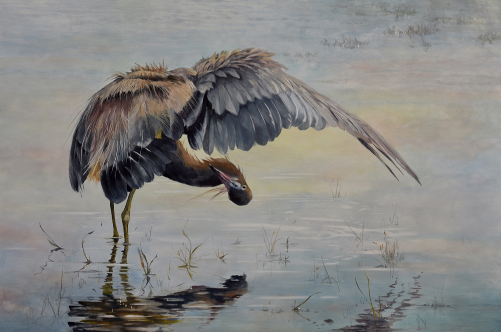 Mixed media artwork of a red egret fishing