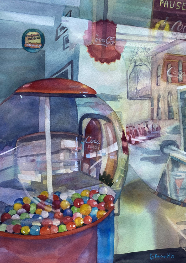 Watercolor painting of a gum ball dispenser in a cafe