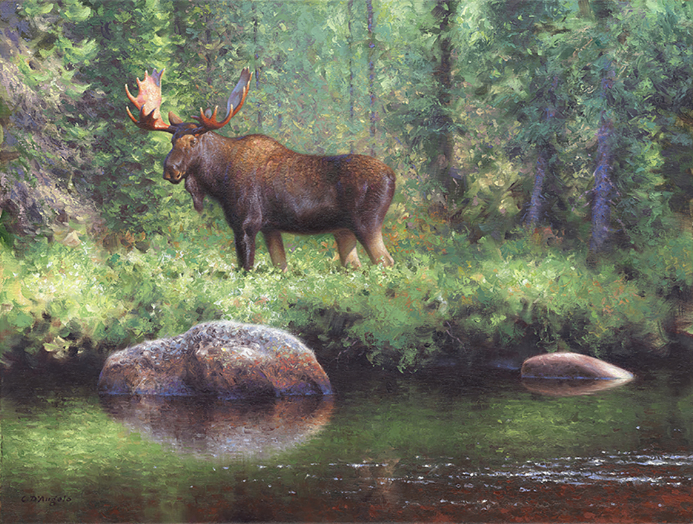 Oil painting of a bull moose standing in the grass beside a river
