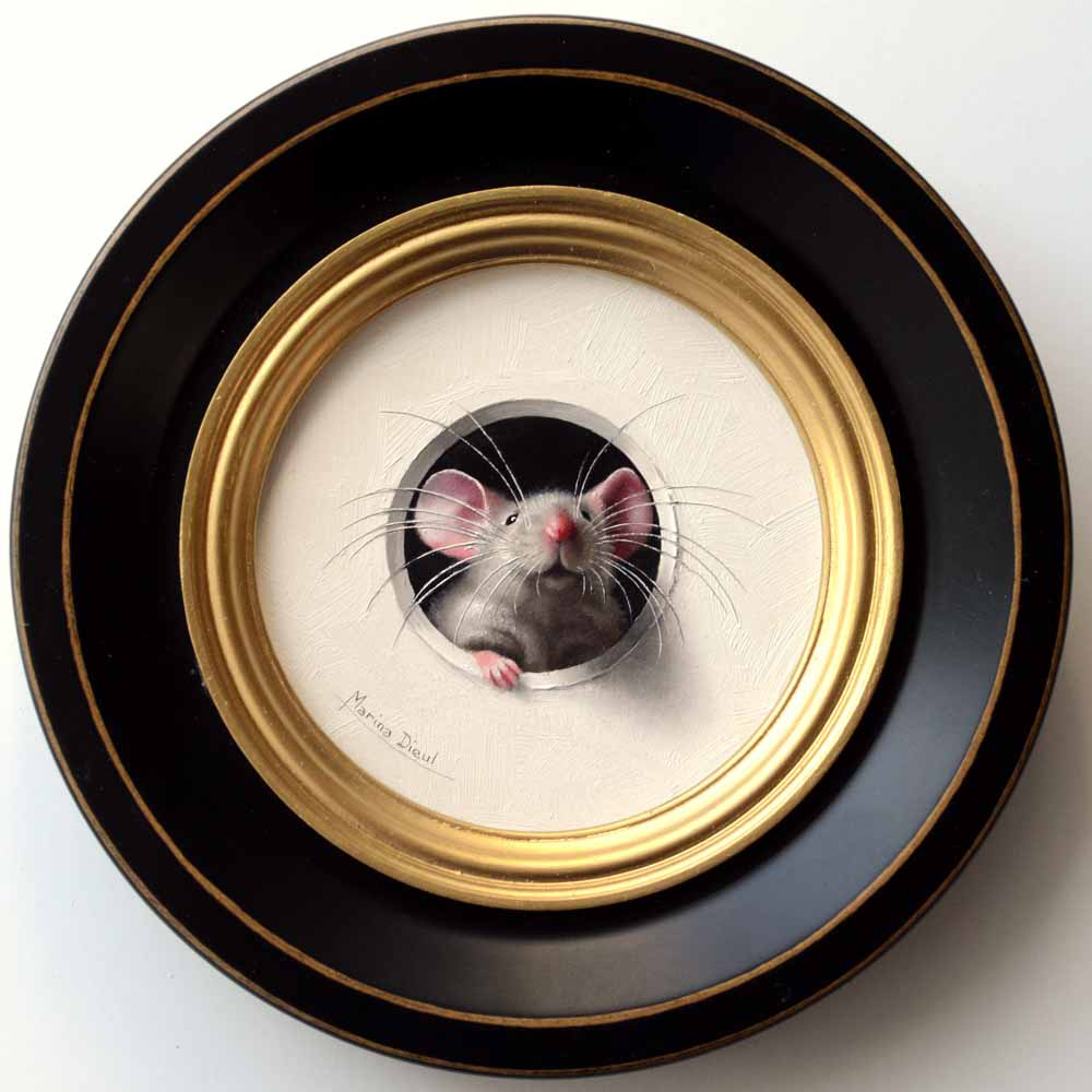 Oil painting of mouse breaking out of circular frame