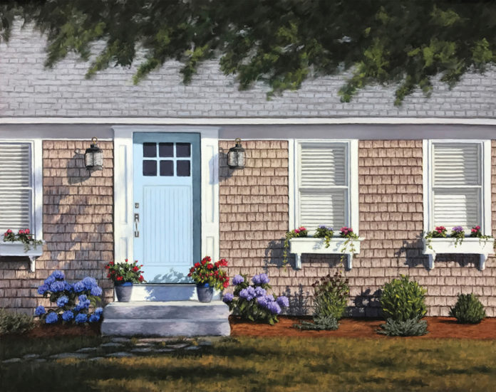 Pastel painting of a Cape Cod cottage