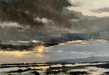Featured Artwork: Philippe Gandiol Oil painting of the sun coming out from behind the clouds over floodplain