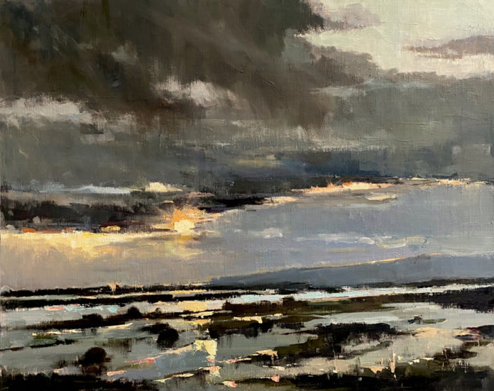 Oil painting of the sun coming out from behind the clouds over floodplain