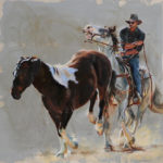 Featured Artwork: Ann Goble Oil painting of a wrangler on a horse running another horse to pasture