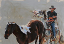 Featured Artwork: Ann Goble Oil painting of a wrangler on a horse running another horse to pasture