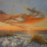 Featured Artwork: Paula B. Holtzclaw OPA Oil painting of golden sky over sand dunes on the beach with the ocean in the background