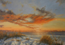Featured Artwork: Paula B. Holtzclaw OPA Oil painting of golden sky over sand dunes on the beach with the ocean in the background