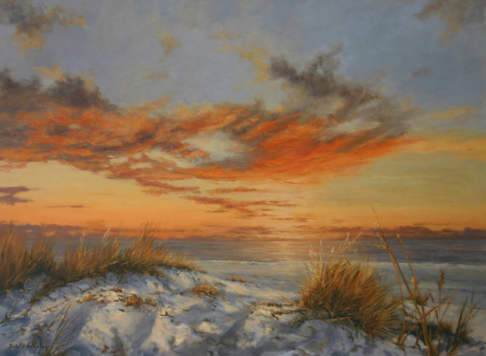 Oil painting of golden sky over sand dunes on the beach with the ocean in the background