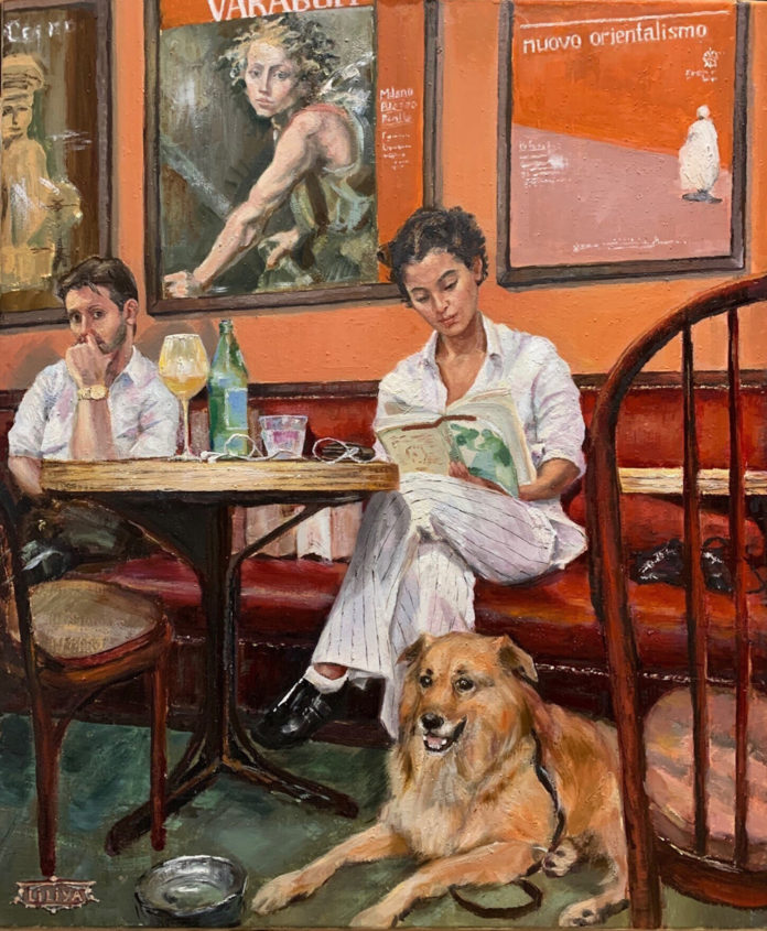 Oil painting of woman reading a book with her dog in a cafe