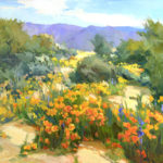 Featured Artwork: Lori Putnam OPA (b. 1962) Oil painting of poppies on a hillside in Arizona with mountains in the background