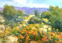 Featured Artwork: Lori Putnam OPA (b. 1962) Oil painting of poppies on a hillside in Arizona with mountains in the background
