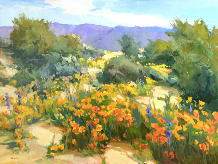 Oil painting of poppies on a hillside in Arizona with mountains in the background