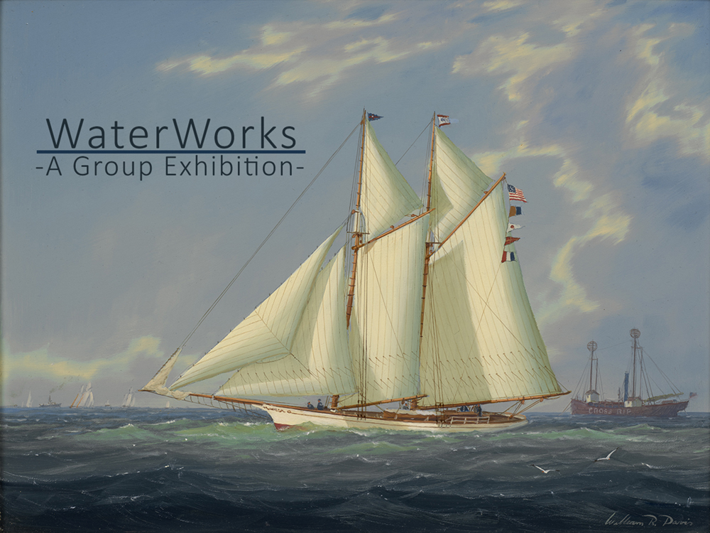 Acrylic and oil painting of a yacht with the words WaterWorks, a group exhibition