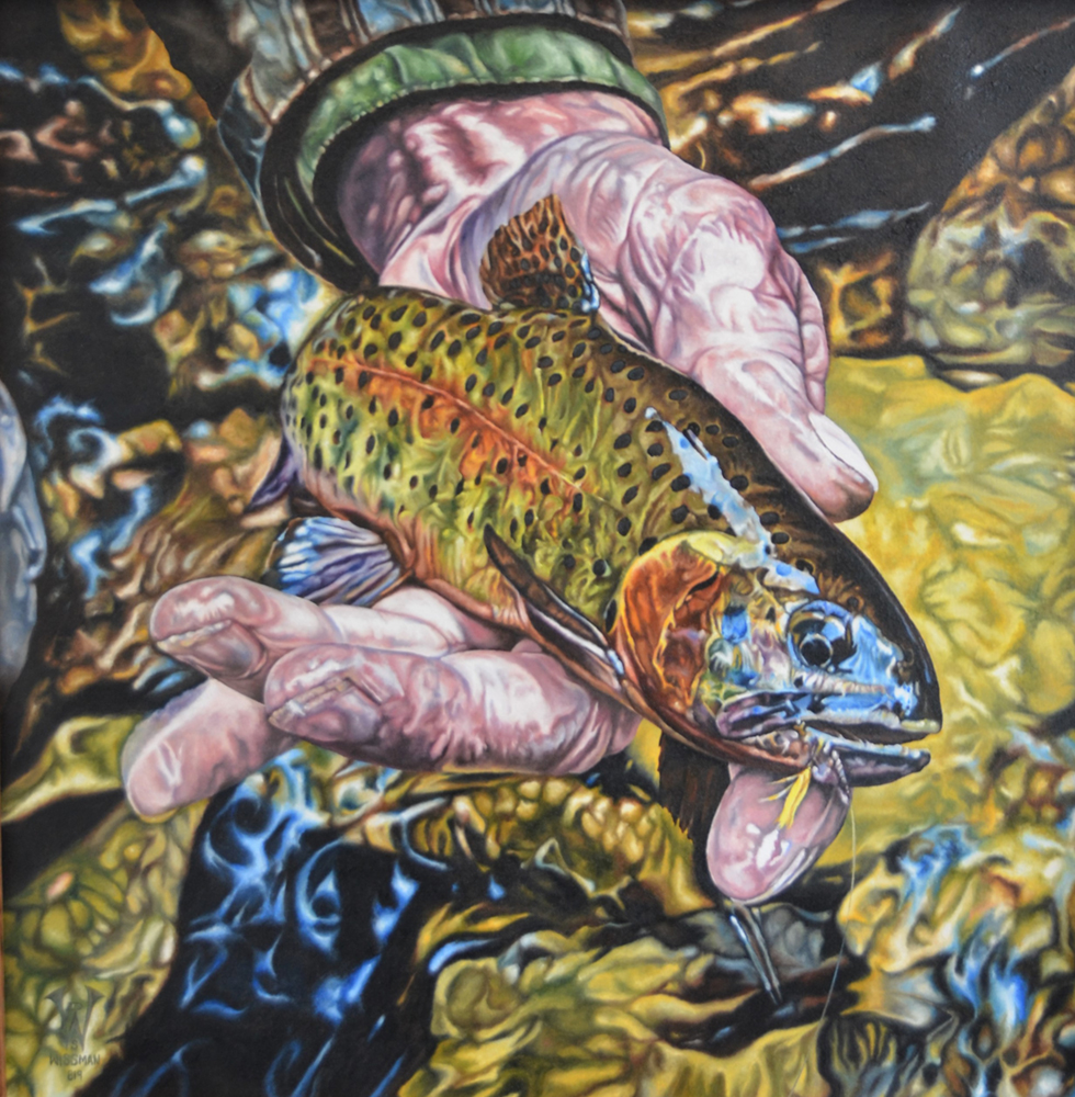 Oil painting of a hand in water holding a fish