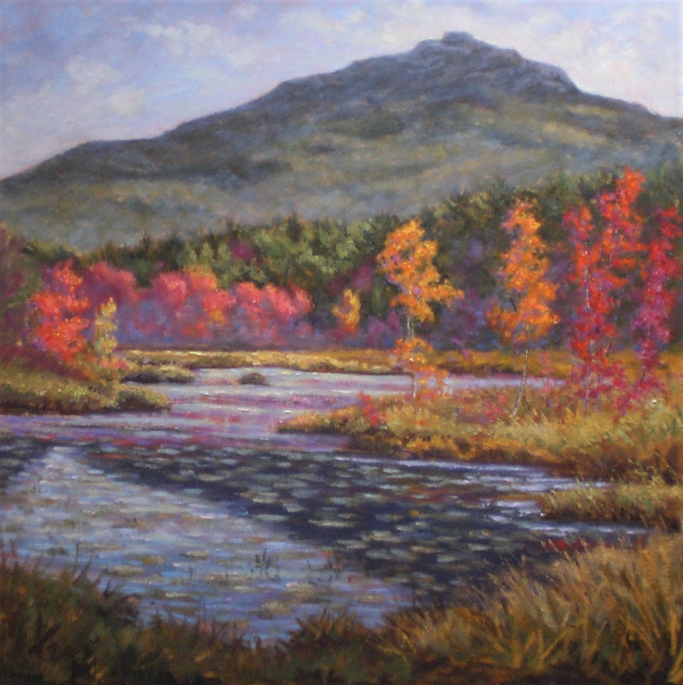Oil painting of a mountain with trees with autumn leaves and a river