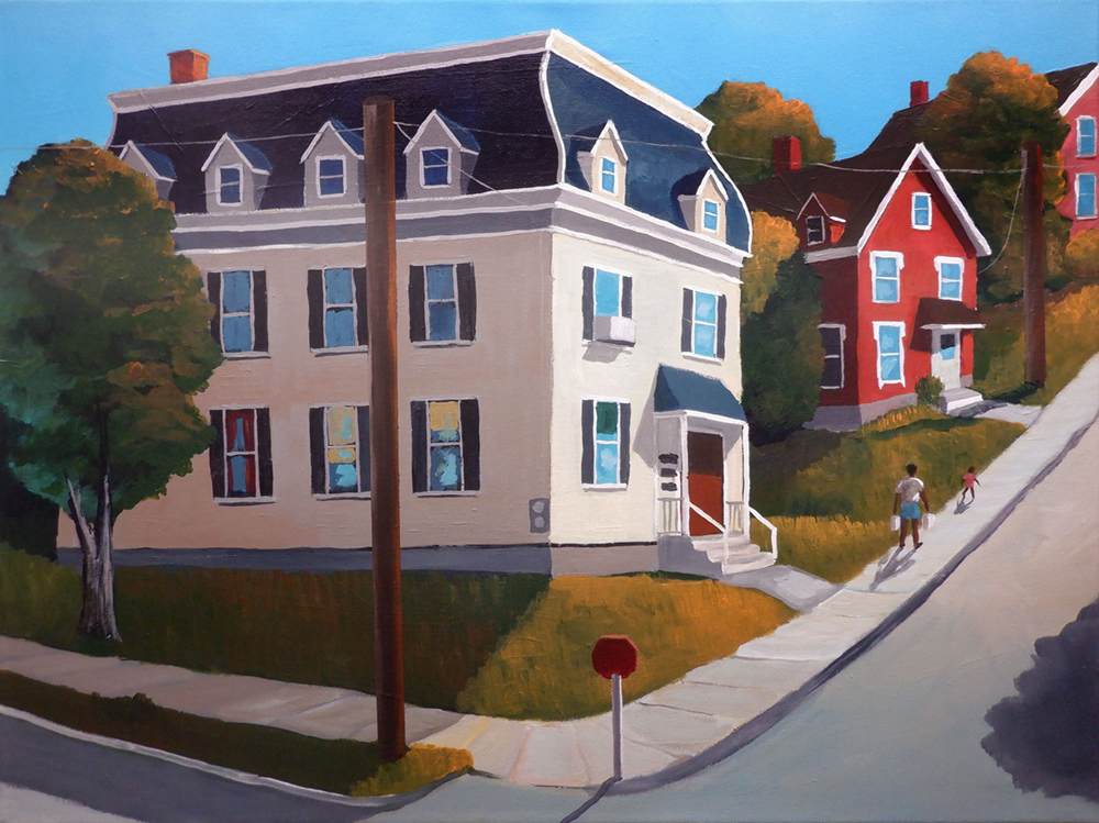 Acrylic painting of houses on a steep street
