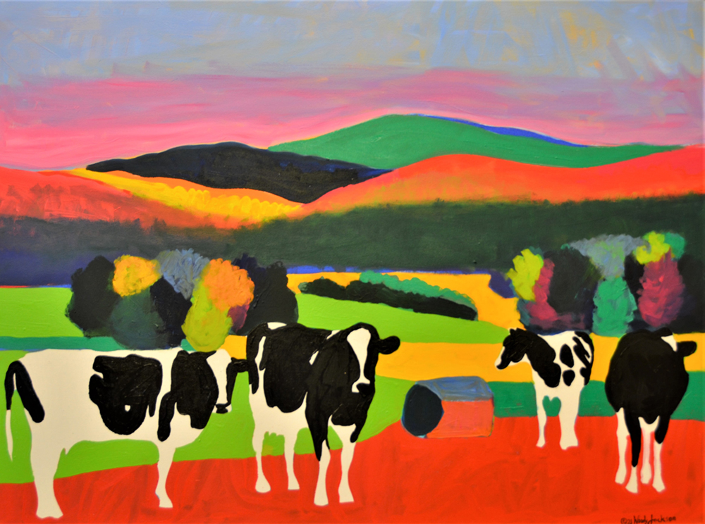 Oil painting of cows in foreground of very colorful hills