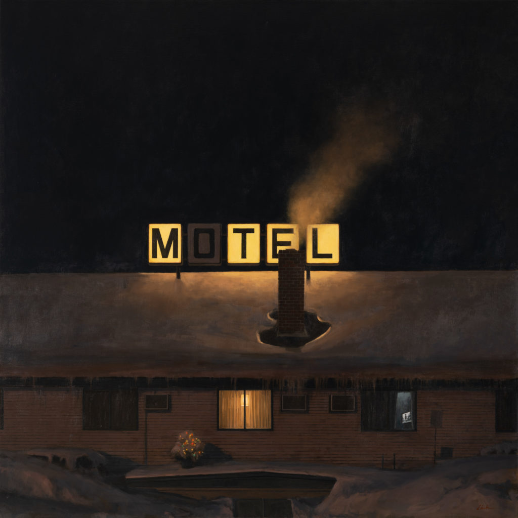 American social realism art - nocturne painting of a hotel