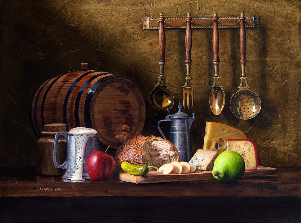 Watercolor still life painting with barrel, utensils, bread, cheese and fruit