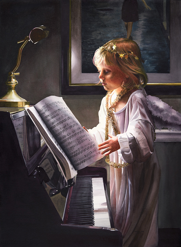 Watercolor painting of a little girl in a white robe as an angel looking at sheet music at a piano