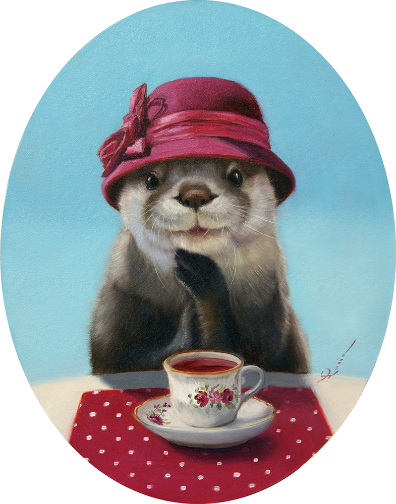 Oil painting of an otter wearing a red hat sitting down to tea