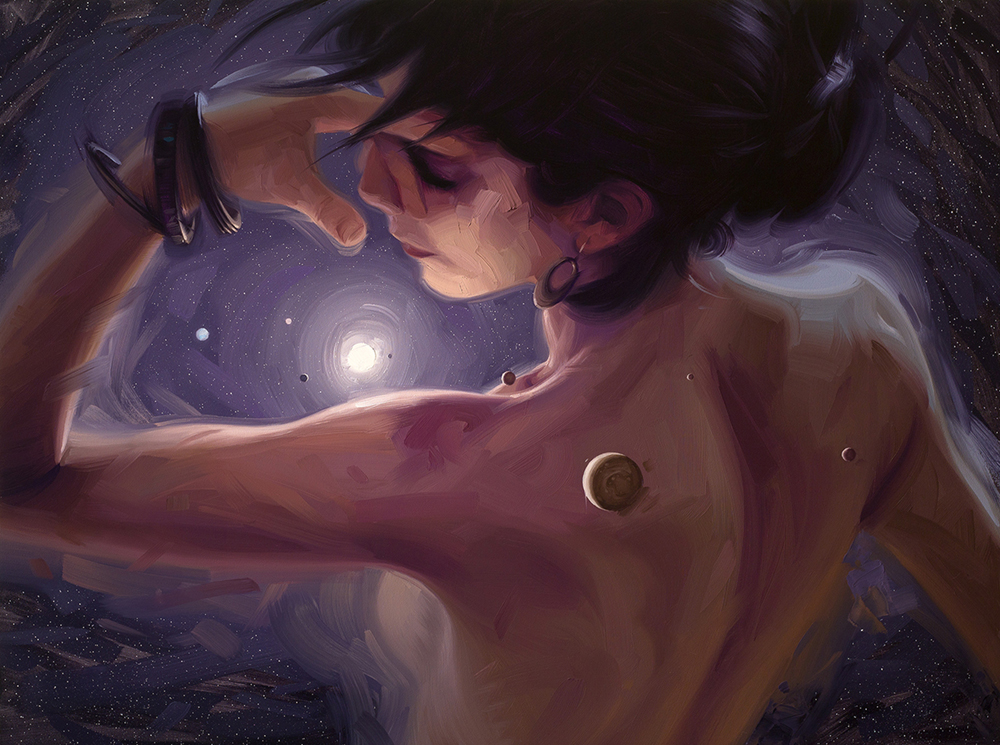 Oil painting of the back of a woman in space with a planet at her back