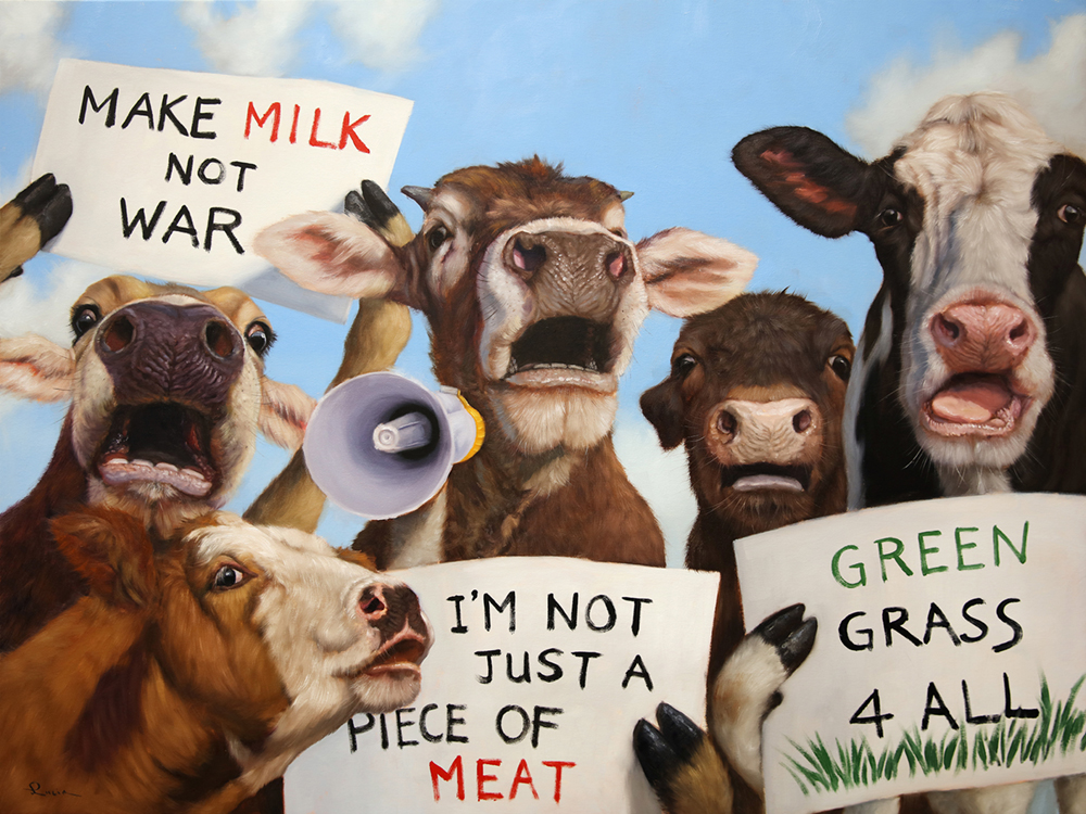 Oil painting of cows "protesting" with hand-written signs like "Make Milk, not War" and "Green Grass 4 All"