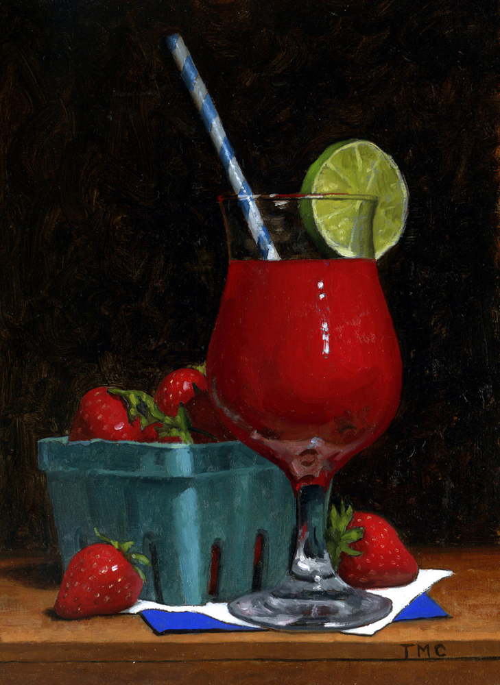 Oil painting of a strawberry daiquiri next to a container of fresh strawberries