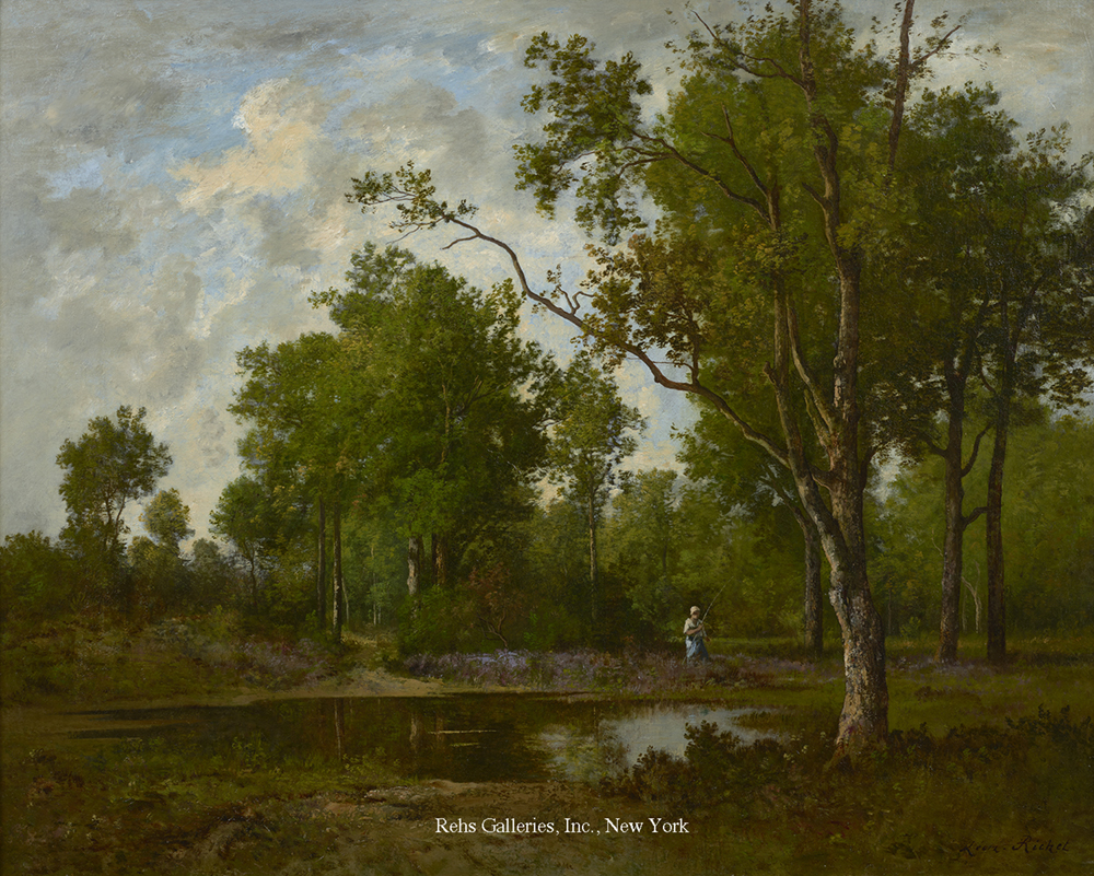 Oil painting of a man fishing in the woods