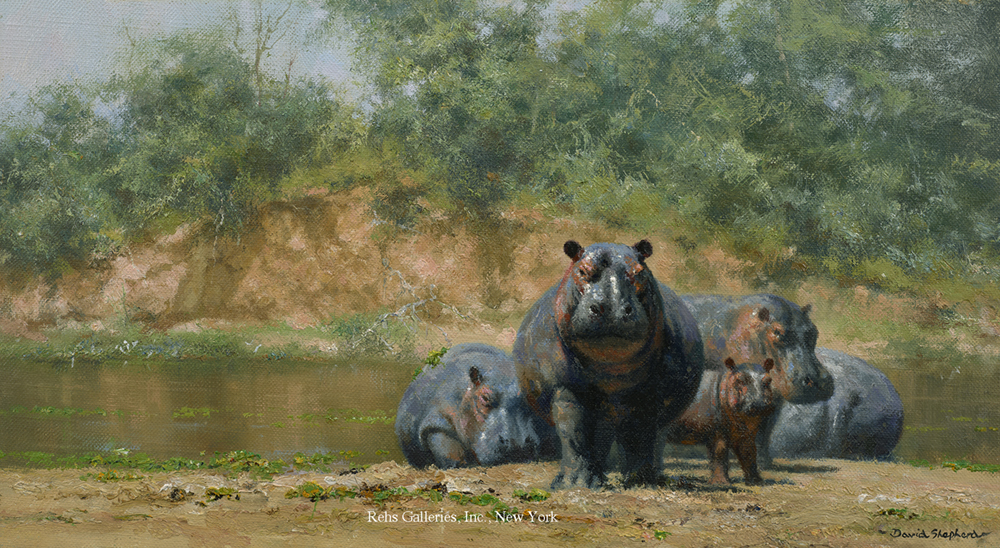 Oil painting of hippos on a river bank