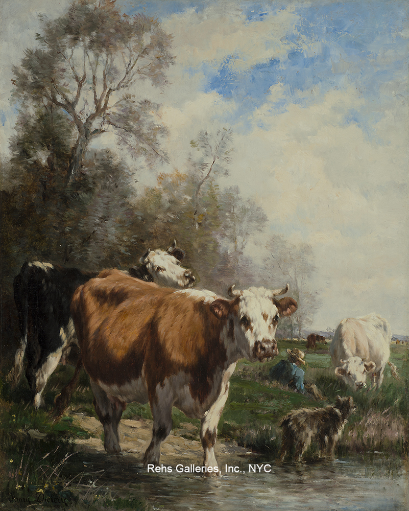 Oil painting of cows with a shepherd and a dog