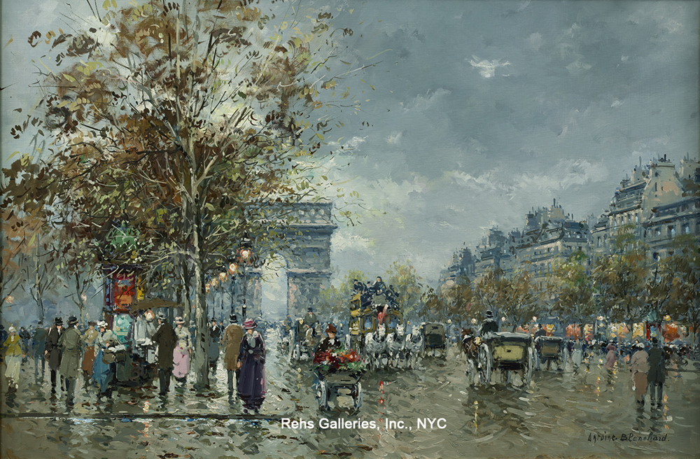 Oil painting of Arc de Triomphe and people on the street