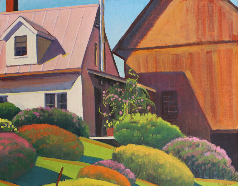 Oil painting of a farmhouse with a garden