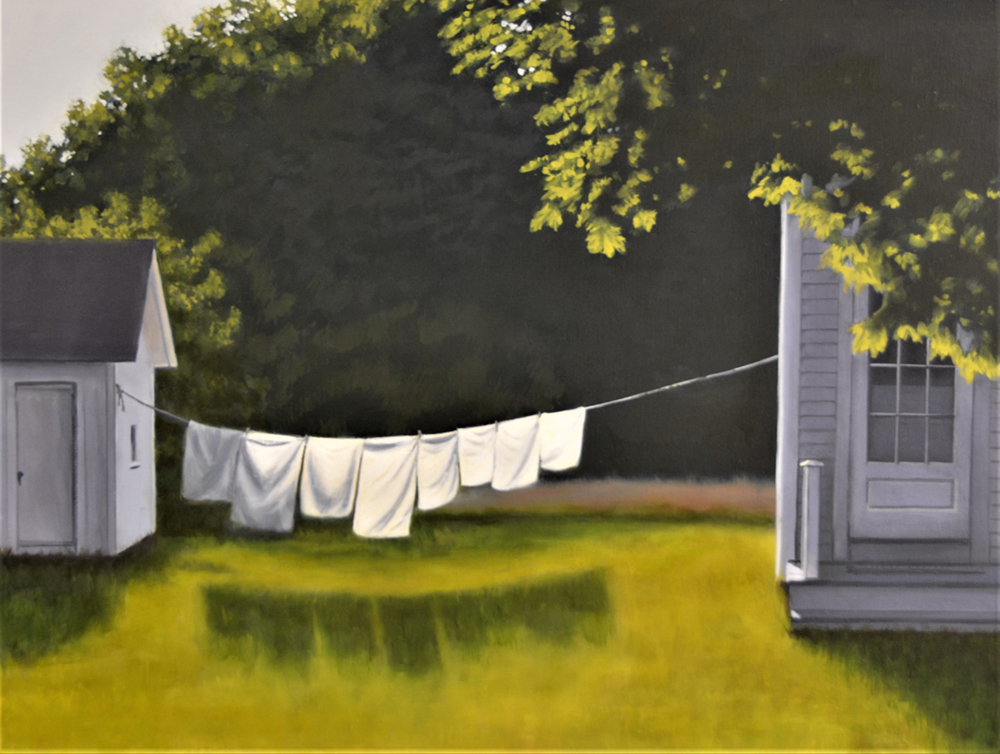 Oil painting of linens hanging on a wash line in a yard
