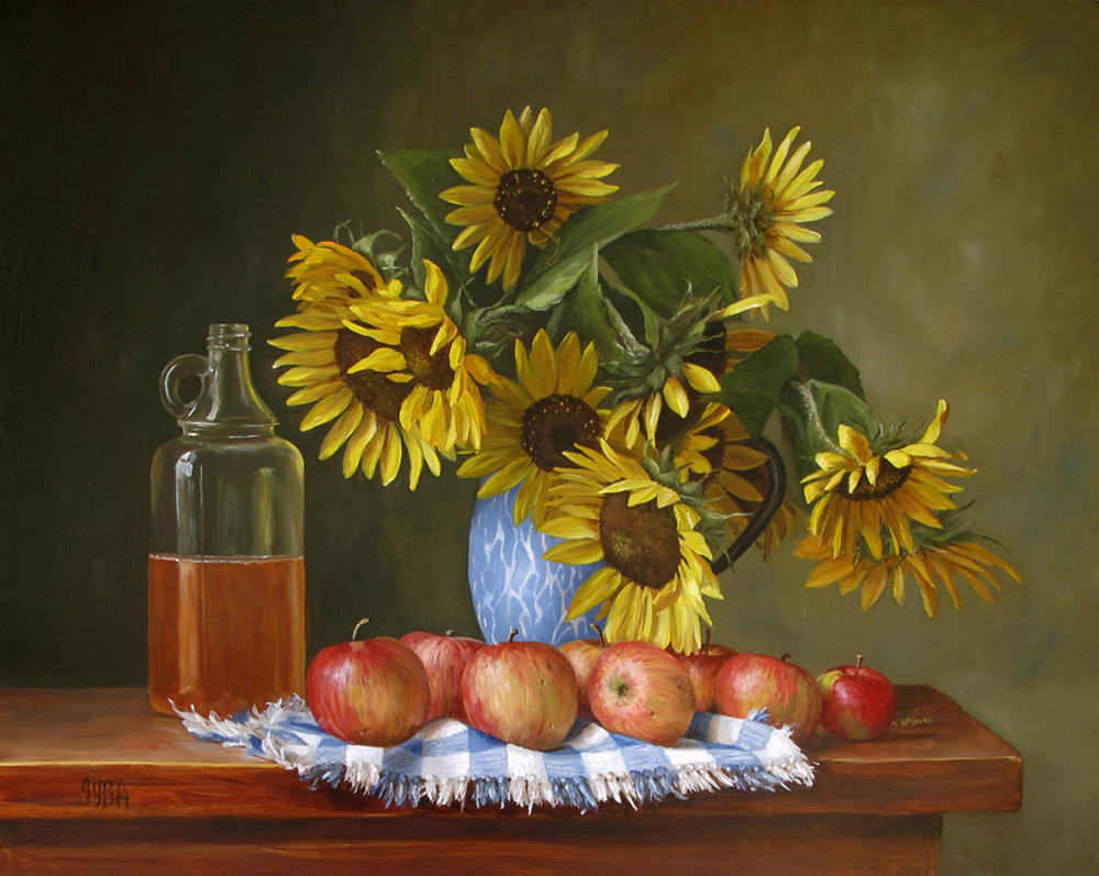 Oil painting of sunflowers in a blue vase on a table next to cider and fresh apples