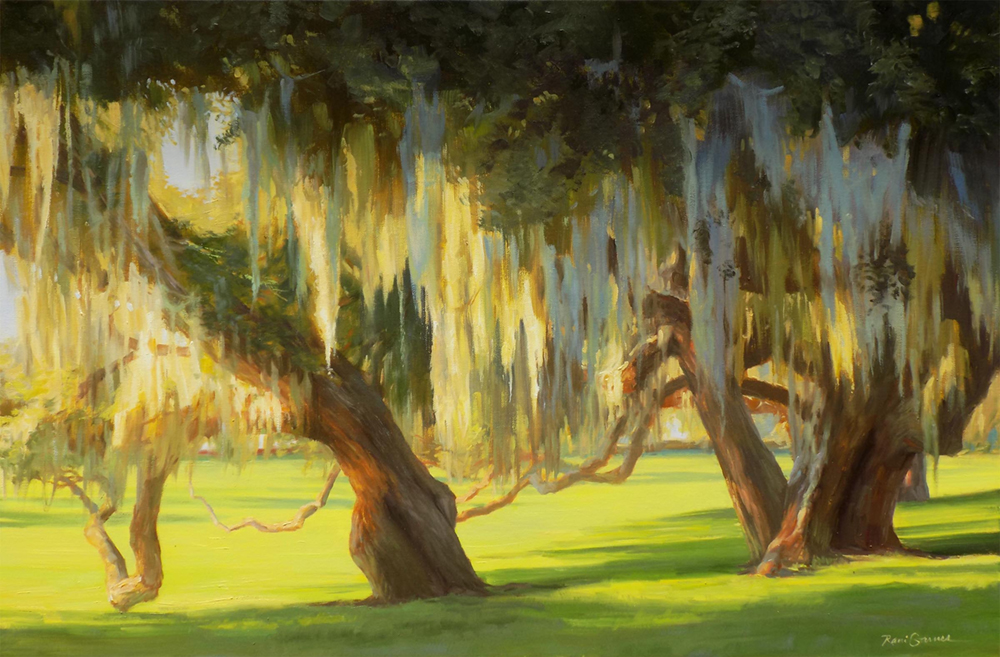 Oil painting of willow trees surrounded by lush green grass
