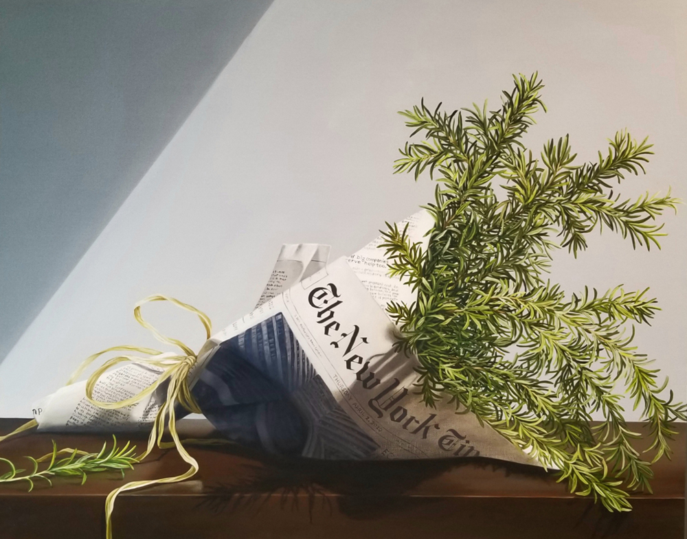 Oil painting of rosemary plant wrapped in NY Times newspaper