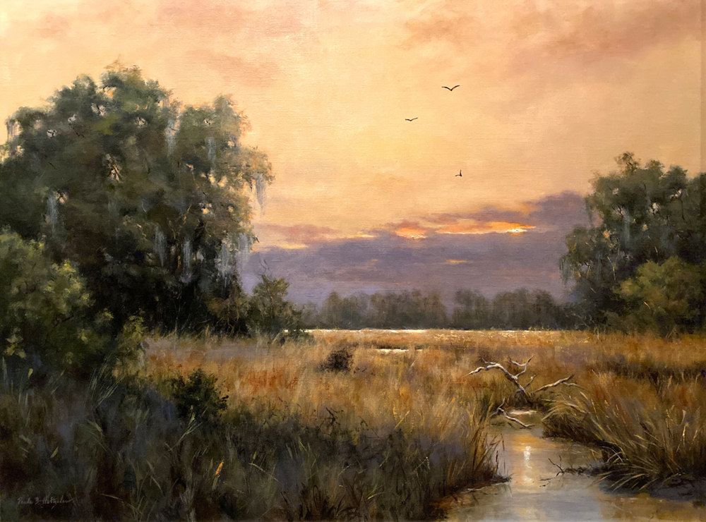 Oil painting of landscape with stream, grasses, trees and sunset
