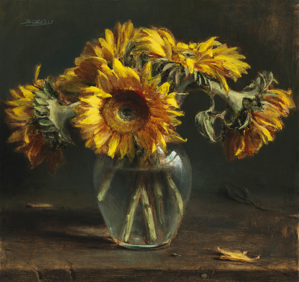 Oil painting of clear vase with sunflowers