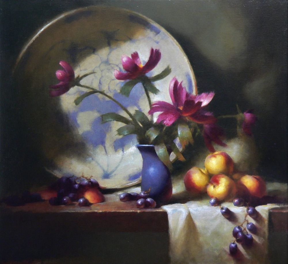 Oil painting of a still life with decorative bowl , vase of flowers and fruit 