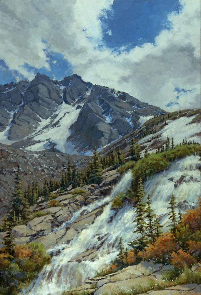 Oil painting of snow melting on hillsides and mountains