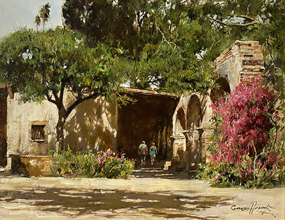 Oil painting of a mission building in the trees