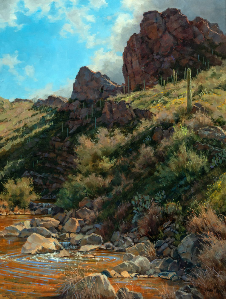 Oil painting of Arizona landscape with cacti, rocks and spring run-off