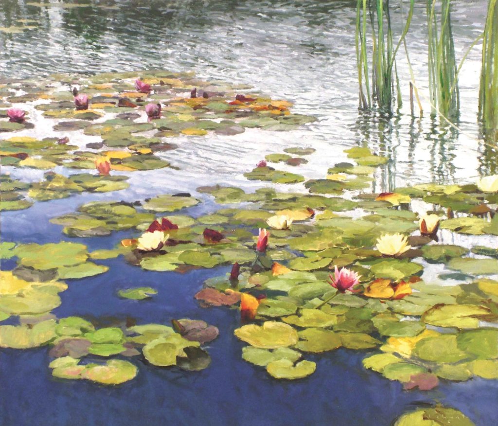 Oil painting of lily pads in a pond