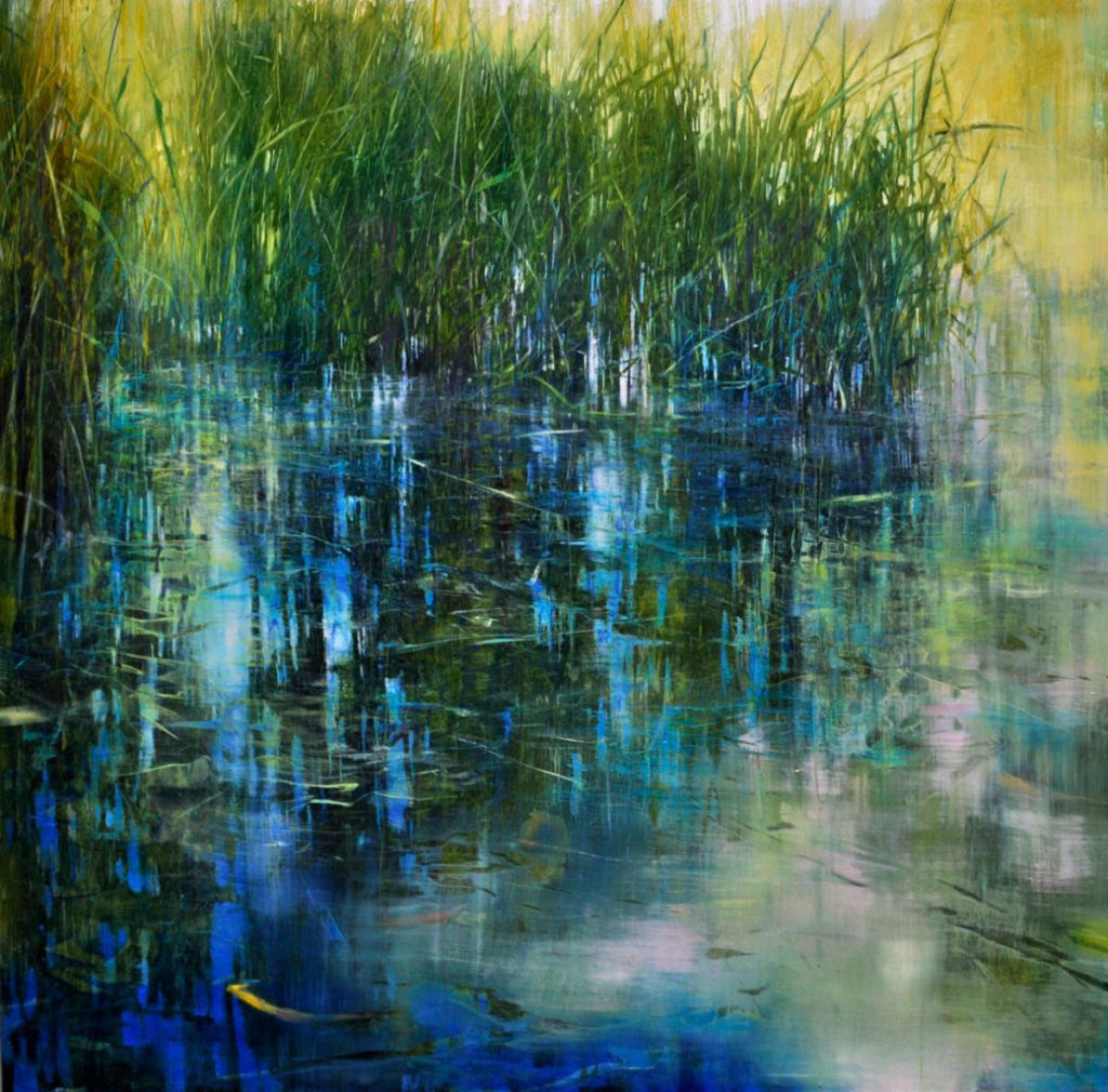 Oil painting of a pond in summer