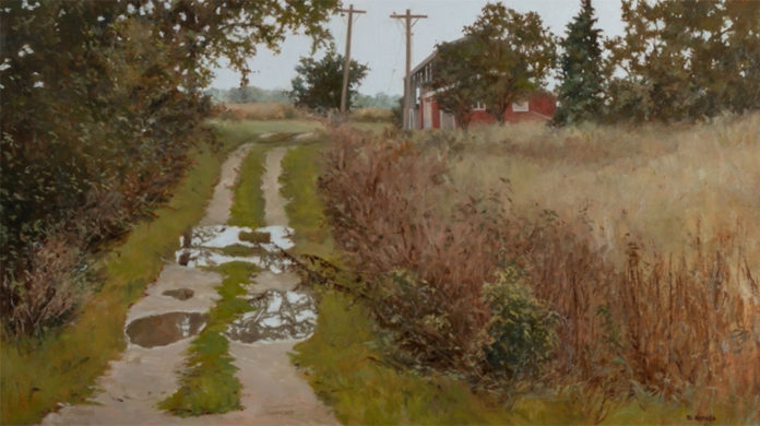 Oil painting of puddles on a dirt track leading to a barn