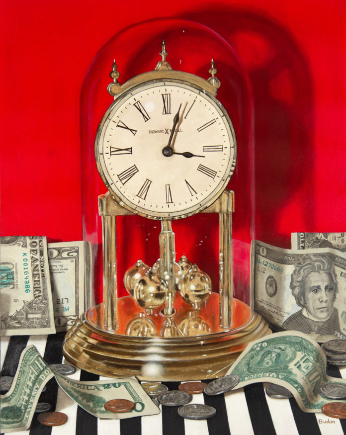 Oil painting of a clock and cash
