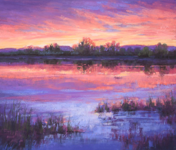 Pastel painting of a body of water and cloudy sky